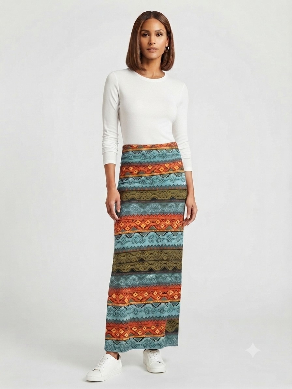 Striped Tribal Maxi Skirt in Teal, Olive & Rust Up To Size 3XL